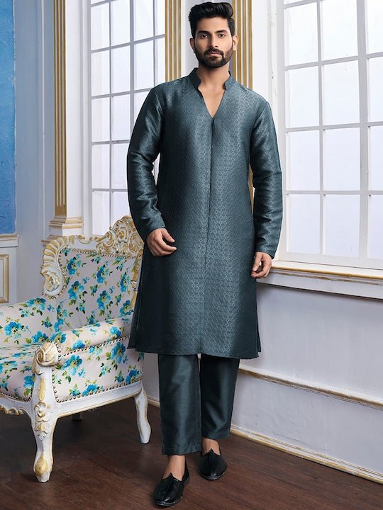 Teal Woven Designed Mandarin Collar Regular Kurta with Trousers - Inddus.com