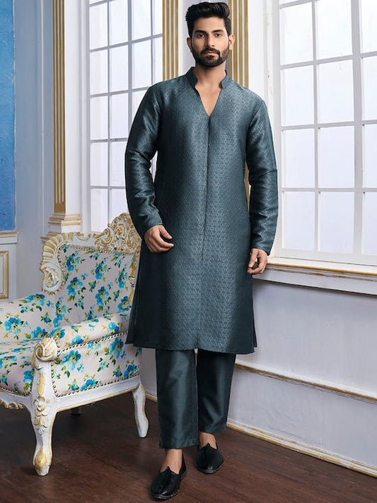 Teal Woven Designed Mandarin Collar Regular Kurta with Trousers - Inddus.com