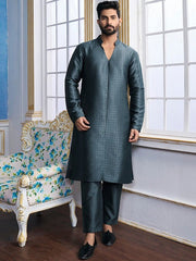 Teal Woven Designed Mandarin Collar Regular Kurta with Trousers - Inddus.com