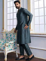 Teal Woven Designed Mandarin Collar Regular Kurta with Trousers - Inddus.com