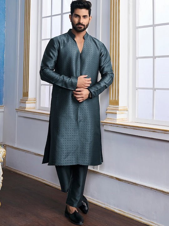Teal Woven Designed Mandarin Collar Regular Kurta with Trousers - Inddus.com