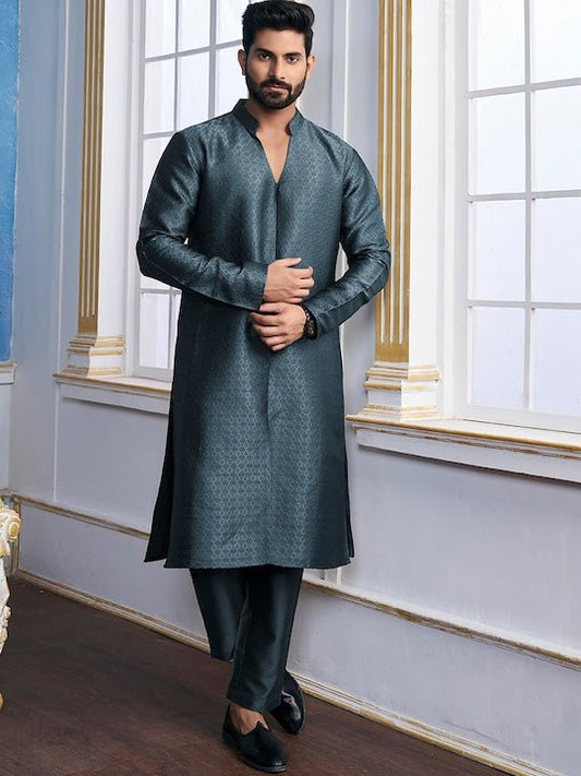 Teal Woven Designed Mandarin Collar Regular Kurta with Trousers - Inddus.com