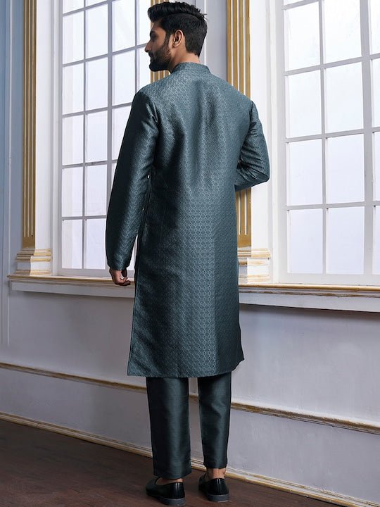 Teal Woven Designed Mandarin Collar Regular Kurta with Trousers - Inddus.com