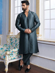 Teal Woven Designed Mandarin Collar Regular Kurta with Trousers - Inddus.com