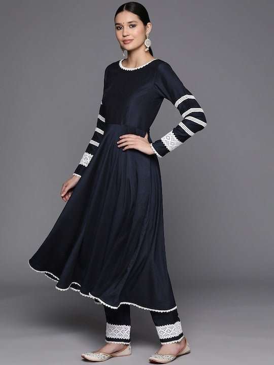 Thread Work Lace Detail Kurta With Trousers & Dupatta - Inddus.com