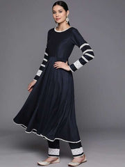 Thread Work Lace Detail Kurta With Trousers & Dupatta - Inddus.com