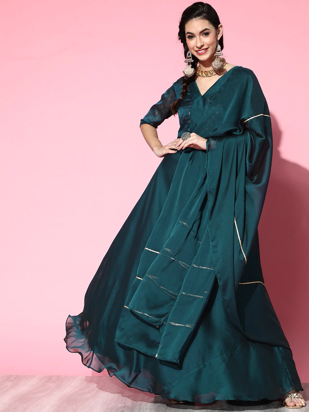 Tranquil Teal Silk Festive Gown Kurta with gotta detail dupatta - Inddus.com