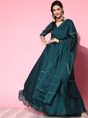 Tranquil Teal Silk Festive Gown Kurta with gotta detail dupatta - Inddus.com