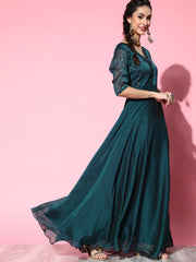 Tranquil Teal Silk Festive Gown Kurta with gotta detail dupatta - Inddus.com