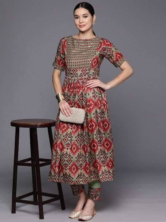 Tribal Embroidered Pleated Thread Work Kurta with Trousers - Inddus.com