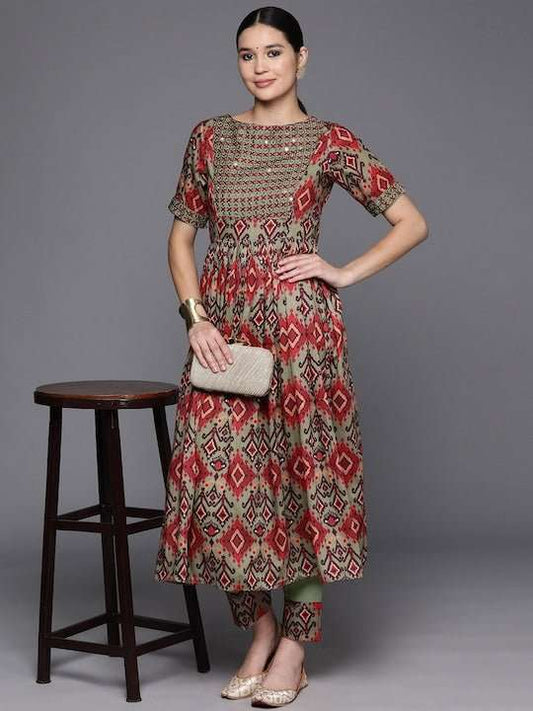 Tribal Embroidered Pleated Thread Work Kurta with Trousers - Inddus.com
