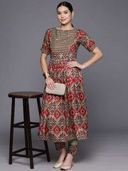 Tribal Embroidered Pleated Thread Work Kurta with Trousers - Inddus.com