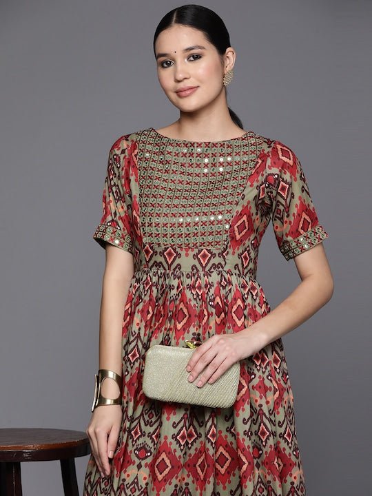 Tribal Embroidered Pleated Thread Work Kurta with Trousers - Inddus.com