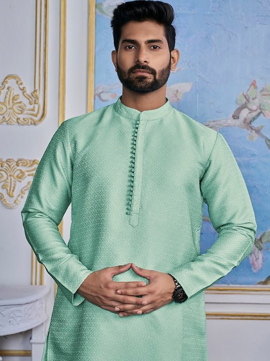 Turquoise Blue Ethnic Woven Design Mandarin Collar Regular Kurta With Pyjamas - Inddus.com