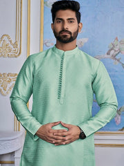 Turquoise Blue Ethnic Woven Design Mandarin Collar Regular Kurta With Pyjamas - Inddus.com