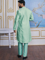 Turquoise Blue Ethnic Woven Design Mandarin Collar Regular Kurta With Pyjamas - Inddus.com