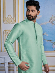 Turquoise Blue Ethnic Woven Design Mandarin Collar Regular Kurta With Pyjamas - Inddus.com