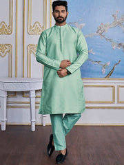 Turquoise Blue Ethnic Woven Design Mandarin Collar Regular Kurta With Pyjamas - Inddus.com