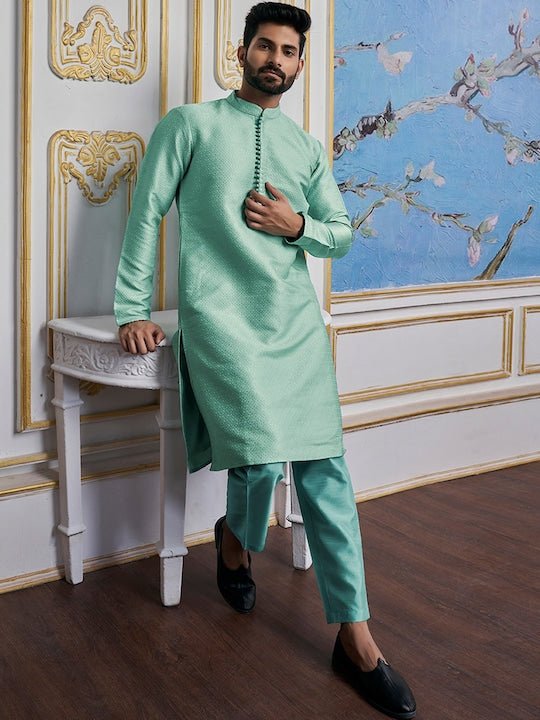 Turquoise Blue Ethnic Woven Design Mandarin Collar Regular Kurta With Pyjamas - Inddus.com