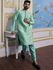 Turquoise Blue Ethnic Woven Design Mandarin Collar Regular Kurta With Pyjamas - Inddus.com