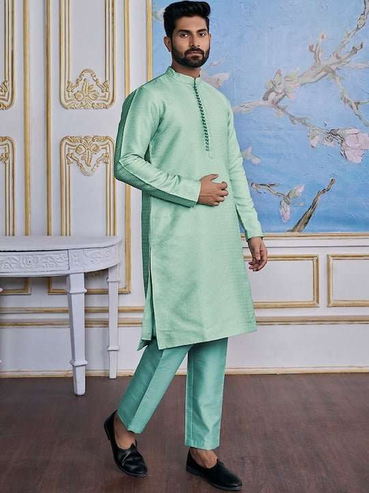 Turquoise Blue Ethnic Woven Design Mandarin Collar Regular Kurta With Pyjamas - Inddus.com