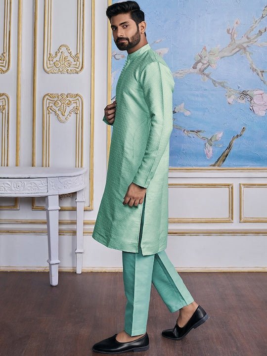 Turquoise Blue Ethnic Woven Design Mandarin Collar Regular Kurta With Pyjamas - Inddus.com