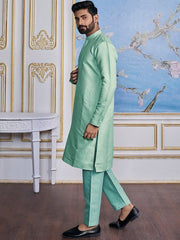 Turquoise Blue Ethnic Woven Design Mandarin Collar Regular Kurta With Pyjamas - Inddus.com
