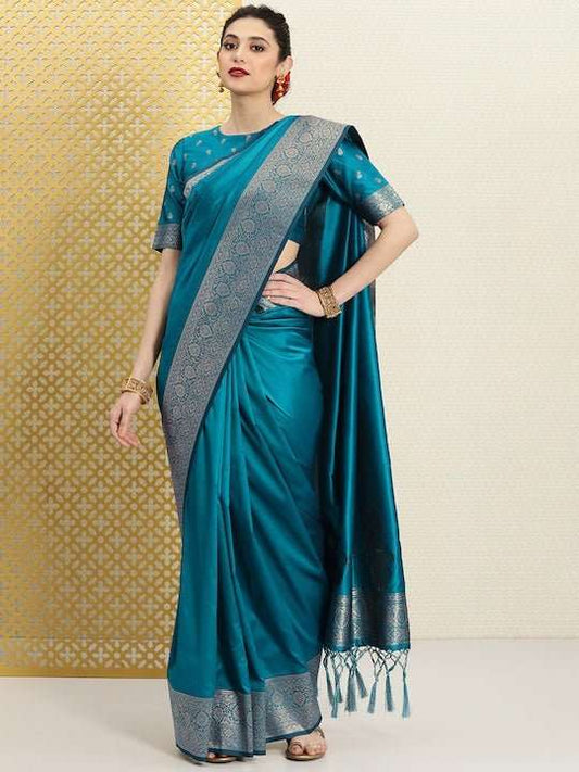 Turquoise Blue & Gold-Toned Zari Silk Blend Saree