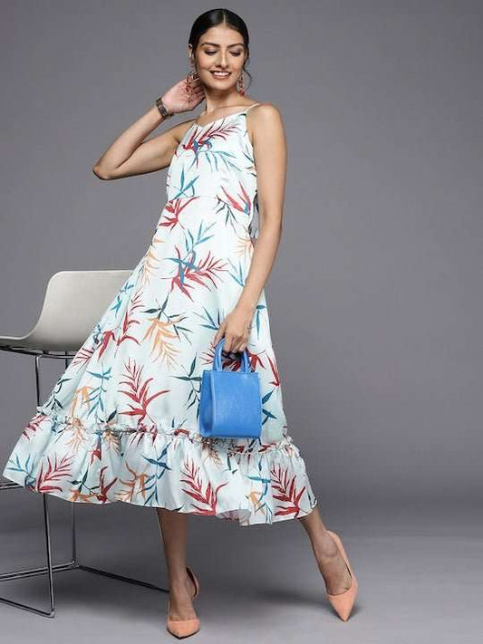 Turquoise Blue & Red Floral Satin A-Line Midi Dress - Inddus.com