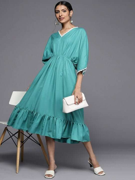 Turquoise Blue Solid Ethnic Kaftan Midi Dress - Inddus.com