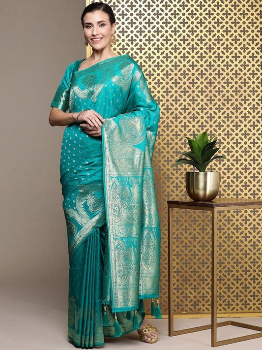 Turquoise Ethnic Motifs Zari Silk Blend Banarasi Saree - Inddus.com