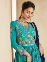 Turquoise Georgette Partywear Embroidered Lehenga-Suit - Inddus.com