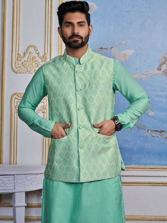 Turquoise Jacquard Kurta With Trouser - Inddus.com