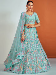 Turquoise Net Embroidered Lehenga Choli - Inddus.com