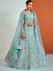 Turquoise Net Embroidered Lehenga Choli - Inddus.com