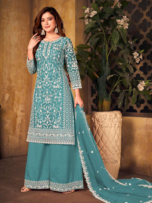 Turquoise Net Partywear Palazzo Suit - Inddus.com