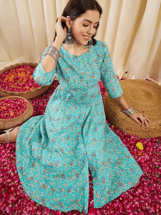 Turquoise Paisley Printed Panelled Cotton A-Line Kurta - Inddus.com