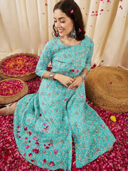 Turquoise Paisley Printed Panelled Cotton A-Line Kurta - Inddus.com