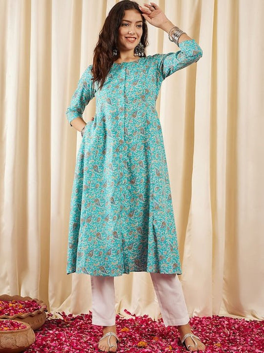 Turquoise Paisley Printed Panelled Cotton A-Line Kurta - Inddus.com