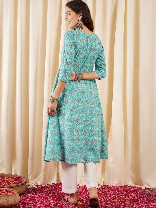 Turquoise Paisley Printed Panelled Cotton A-Line Kurta - Inddus.com