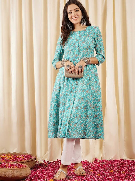 Turquoise Paisley Printed Panelled Cotton A-Line Kurta - Inddus.com