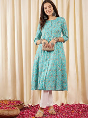 Turquoise Paisley Printed Panelled Cotton A-Line Kurta - Inddus.com
