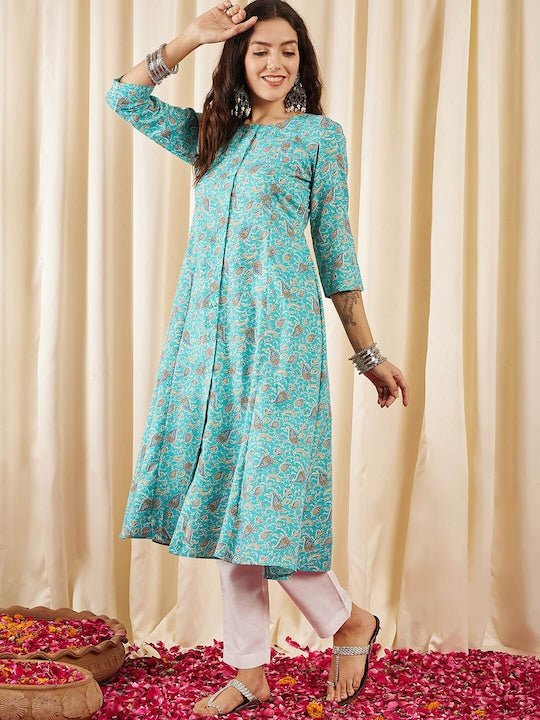 Turquoise Paisley Printed Panelled Cotton A-Line Kurta - Inddus.com