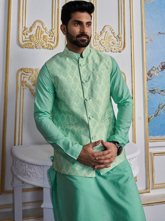 Turquoise Woven Design Nehru Jacket - Inddus.com