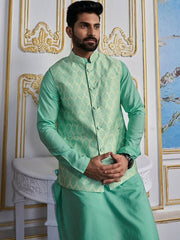 Turquoise Woven Design Nehru Jacket - Inddus.com