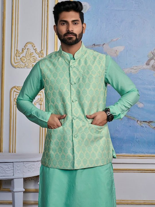 Turquoise Woven Design Nehru Jacket - Inddus.com