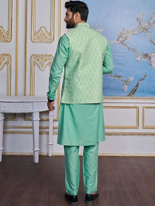 Turquoise Woven Design Nehru Jacket - Inddus.com