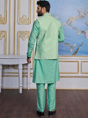 Turquoise Woven Design Nehru Jacket - Inddus.com