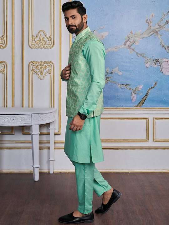 Turquoise Woven Design Nehru Jacket - Inddus.com