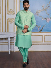 Turquoise Woven Design Nehru Jacket - Inddus.com